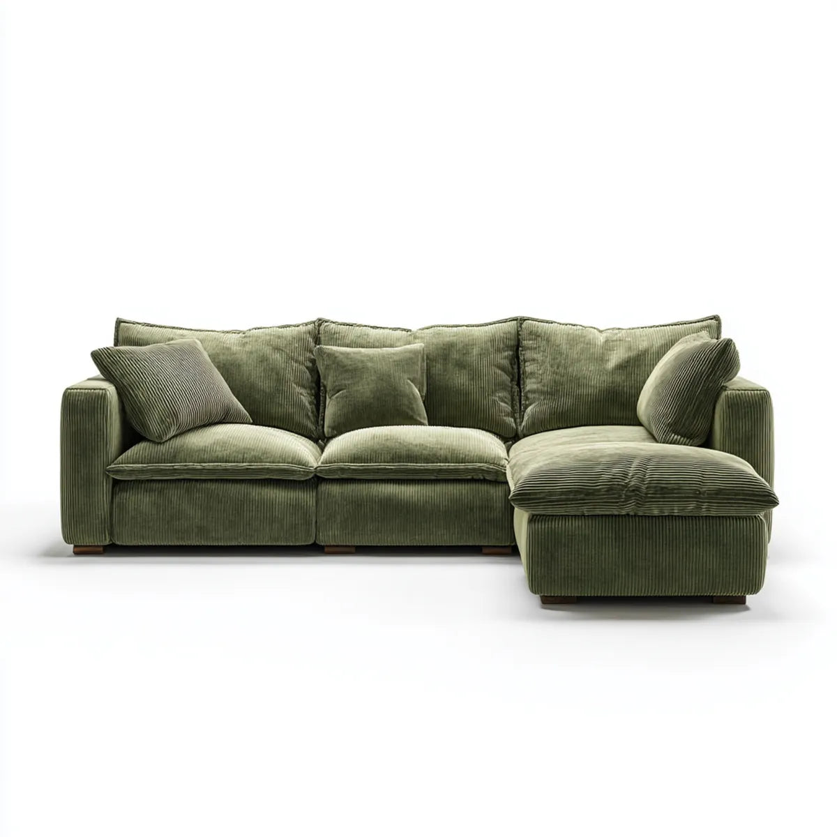 Canapé d'angle 3 places avec méridienne droite vert olive en velours côtelé 260 x 160 x 85 cm