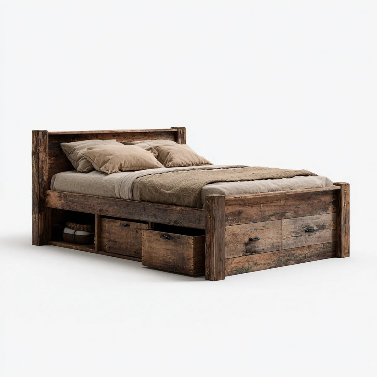 Lit double avec rangements brun foncé en pin massif rectangulaire couchage 160 x 200 cm