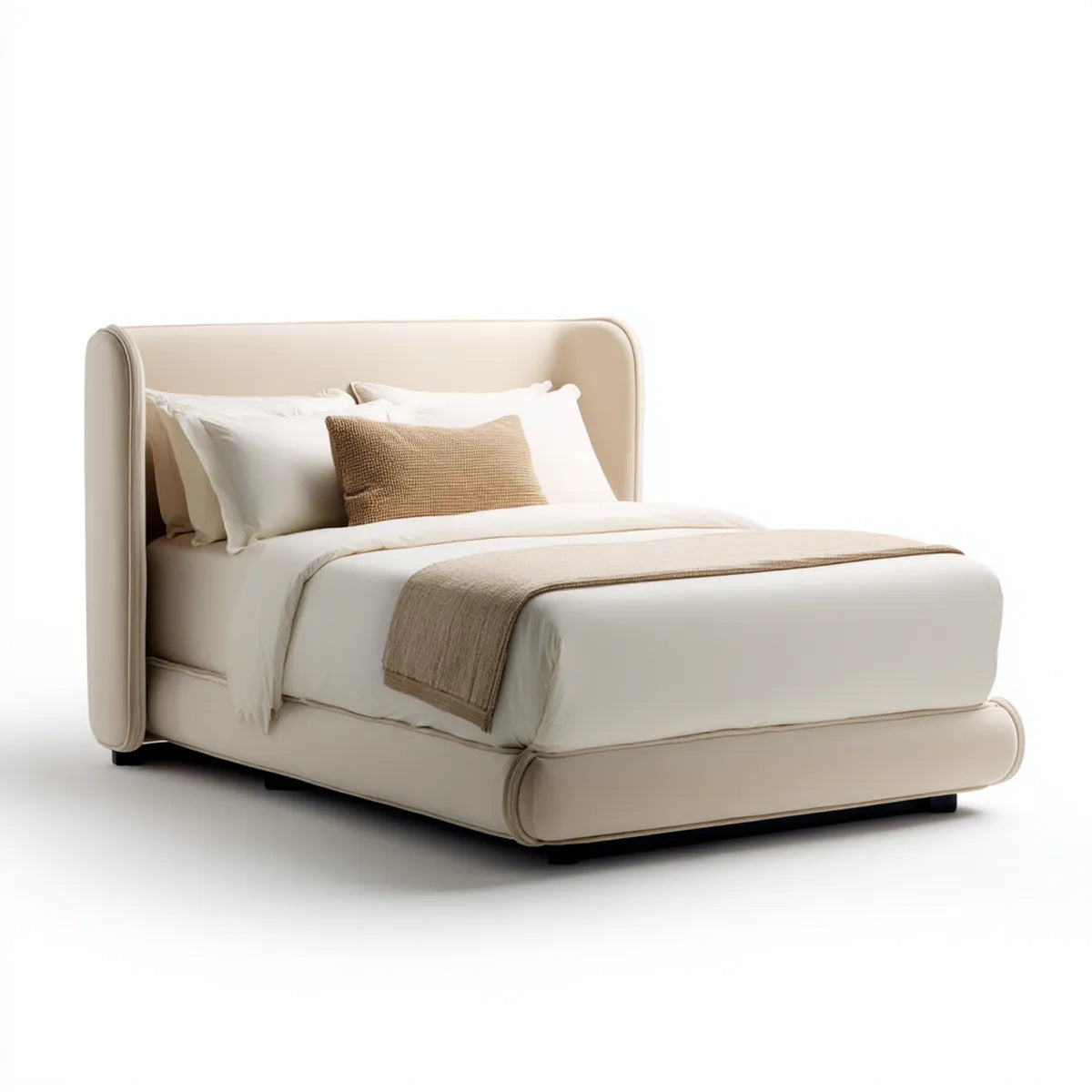 Lit double rembourré beige 160 x 200 cm en similicuir PU à bords arrondis
