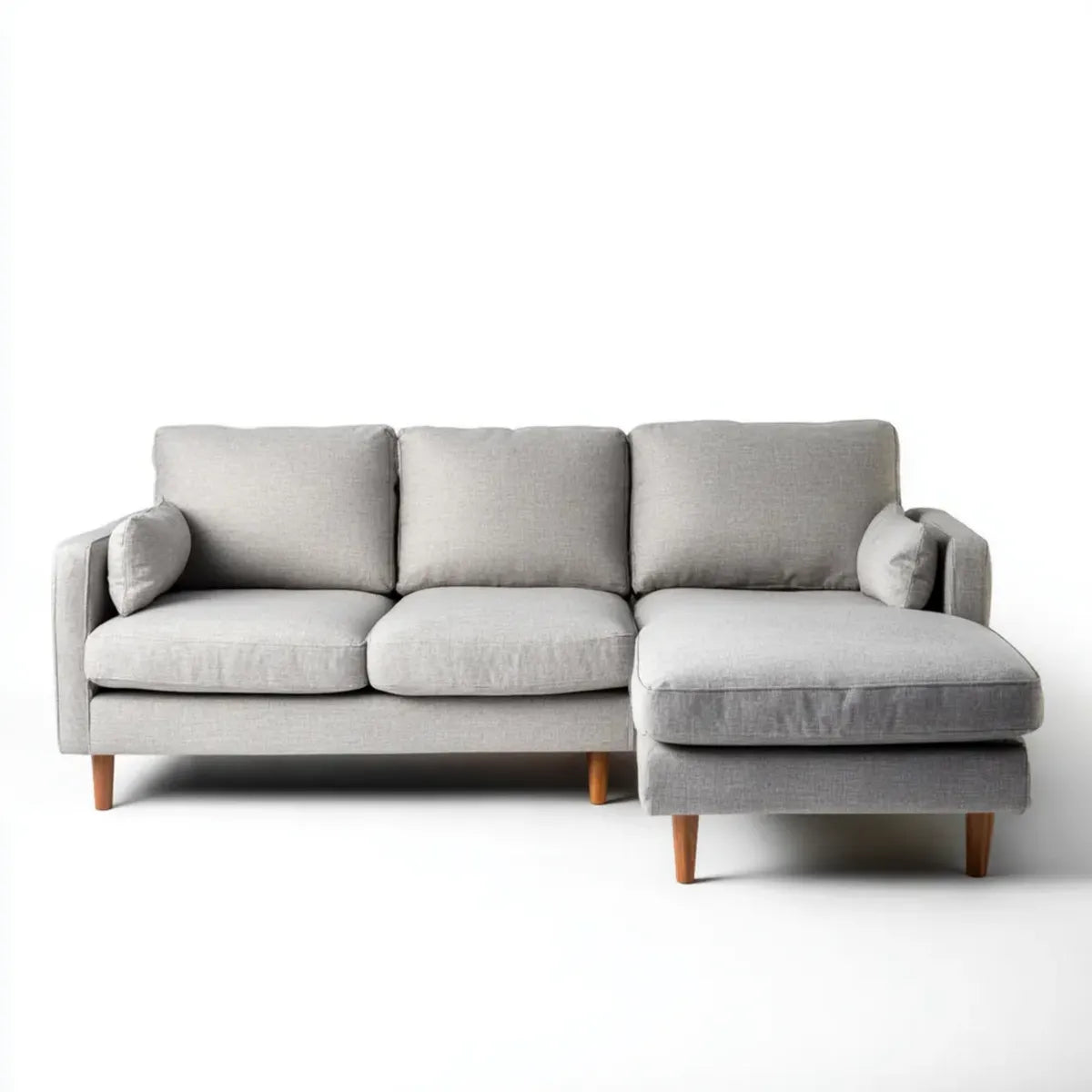 Canapé d’angle 3 places gris clair avec méridienne droite 230 x 150 cm en polyester et bois massif